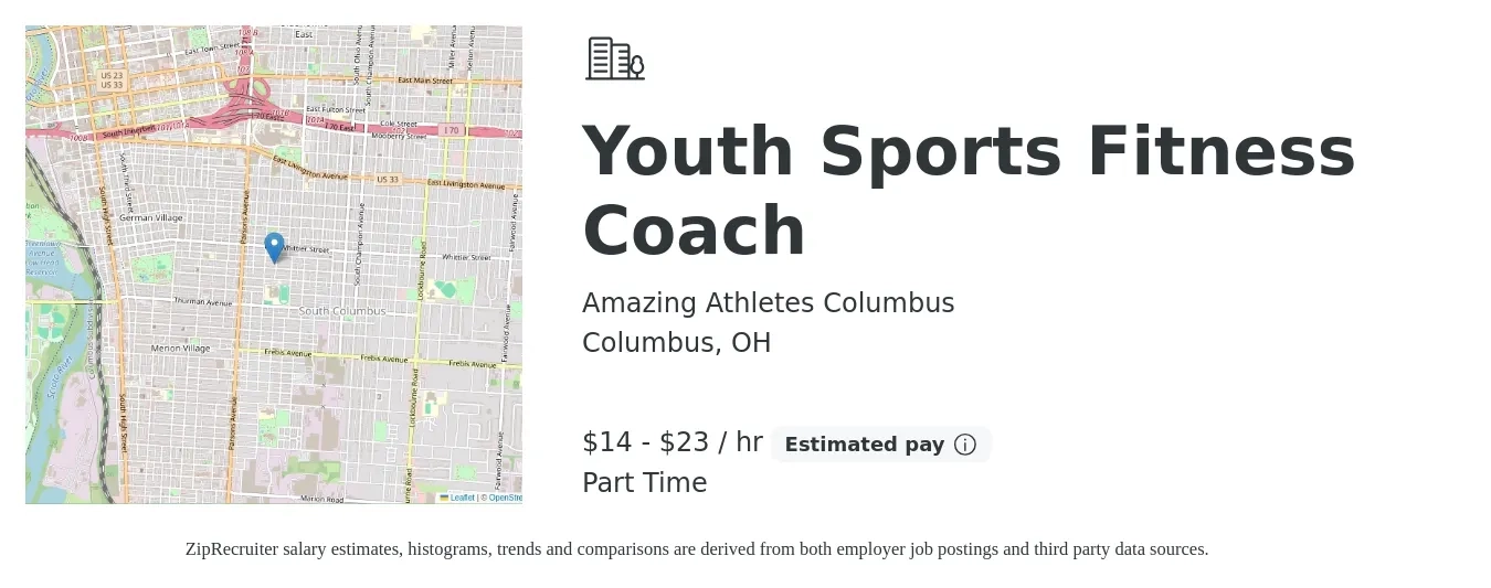 Amazing Athletes Columbus job posting for a Youth Sports Fitness Coach in Columbus, OH with a salary of $15 to $24 Hourly with a map of Columbus location.