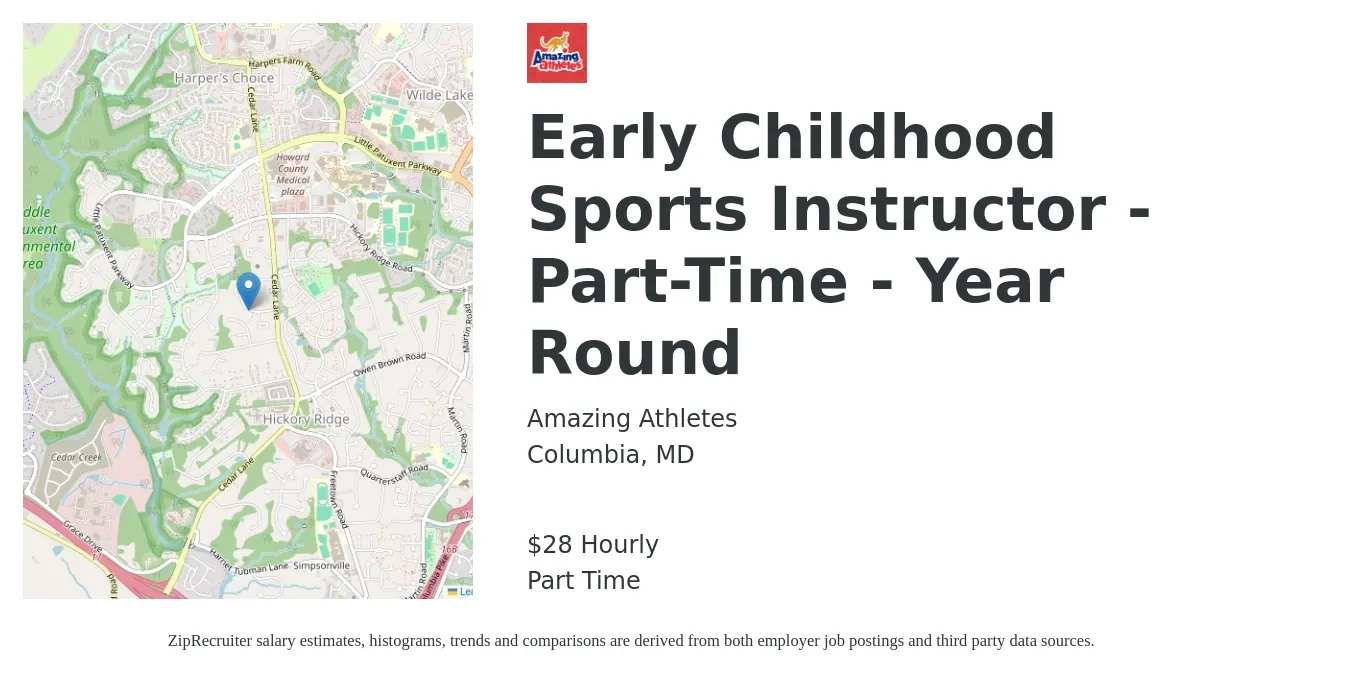 Amazing Athletes job posting for a Early Childhood Sports Instructor - Part-Time - Year Round in Columbia, MD with a salary of $30 Hourly with a map of Columbia location.