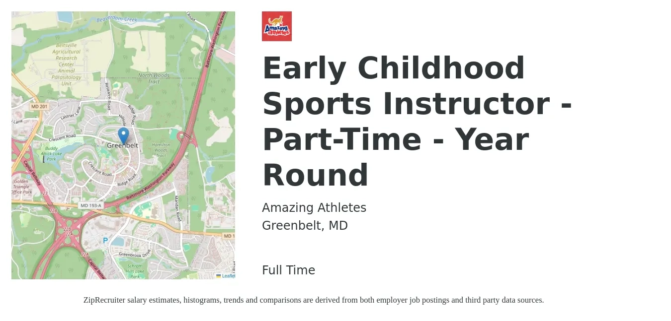 Amazing Athletes job posting for a Early Childhood Sports Instructor - Part-Time - Year Round in Greenbelt, MD with a salary of $30 Hourly with a map of Greenbelt location.