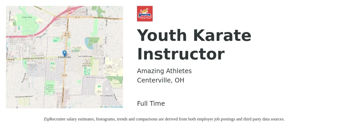Amazing Athletes job posting for a Youth Karate Instructor in Centerville, OH with a salary of $25 Hourly with a map of Centerville location.