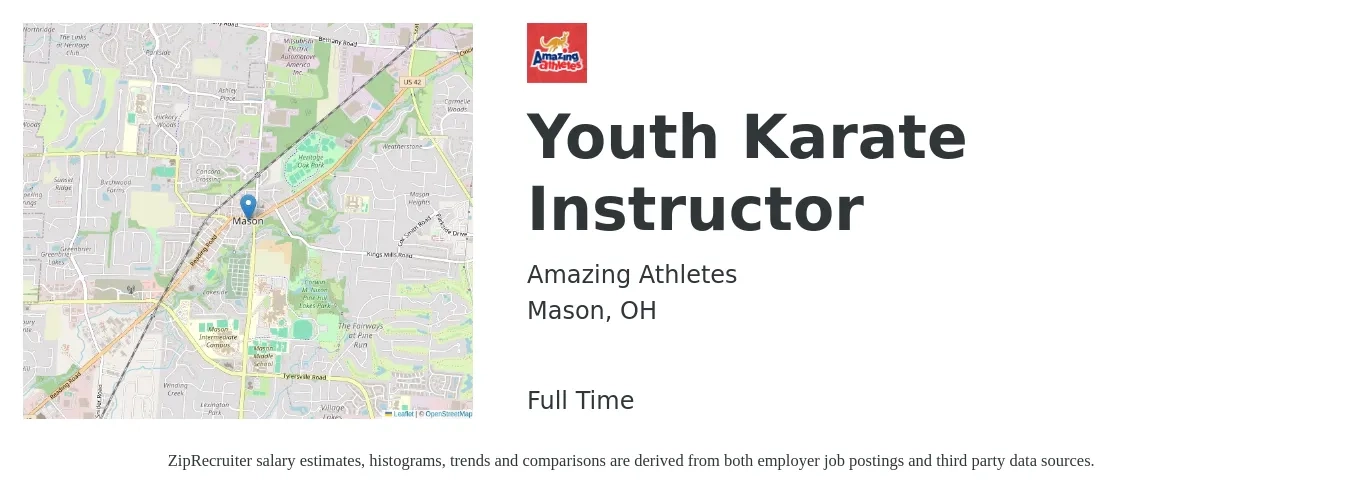 Amazing Athletes job posting for a Youth Karate Instructor in Mason, OH with a salary of $25 Hourly with a map of Mason location.