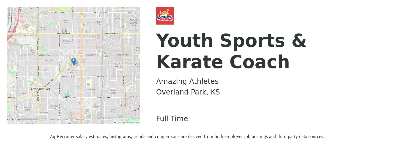 Amazing Athletes job posting for a Youth Sports & Karate Coach in Overland Park, KS with a salary of $17 to $21 Hourly with a map of Overland Park location.