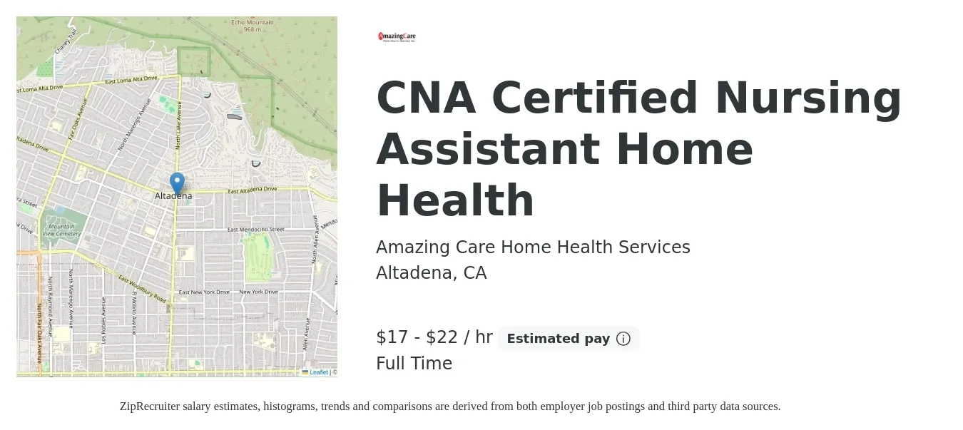 Amazing Care Home Health Services job posting for a CNA Certified Nursing Assistant Home Health in Altadena, CA with a salary of $18 to $23 Hourly with a map of Altadena location.