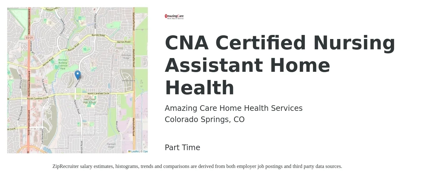 Amazing Care Home Health Services job posting for a CNA Certified Nursing Assistant Home Health in Colorado Springs, CO with a salary of $18 to $23 Hourly with a map of Colorado Springs location.