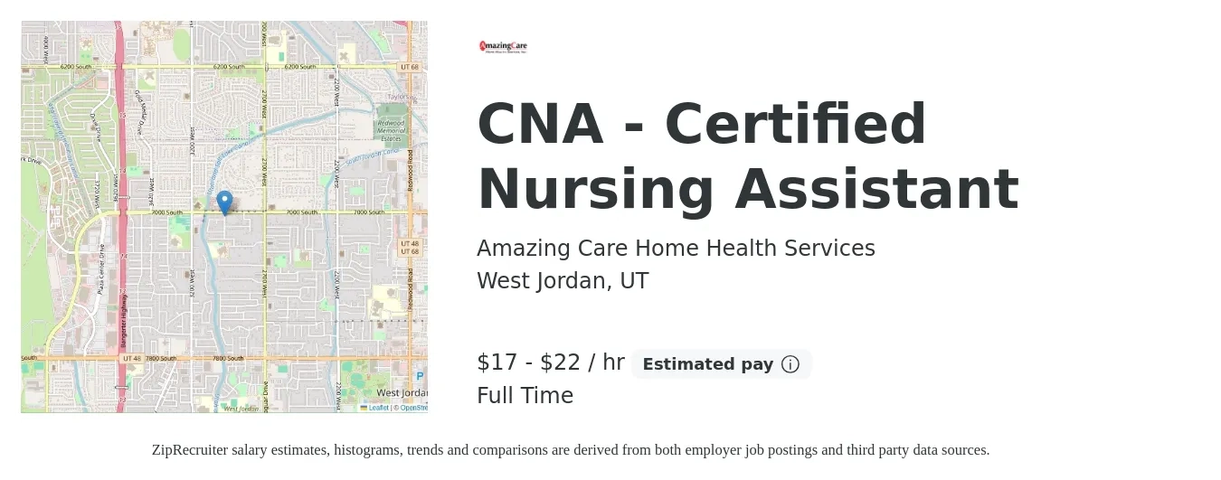 Amazing Care Home Health Services job posting for a CNA - Certified Nursing Assistant in West Jordan, UT with a salary of $18 to $23 Hourly with a map of West Jordan location.