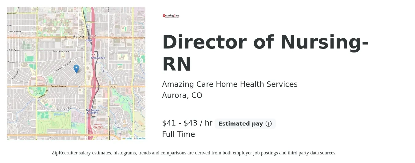 Amazing Care Home Health Services job posting for a Director of Nursing-RN in Aurora, CO with a salary of $89,000 to $95,000 Yearly with a map of Aurora location.
