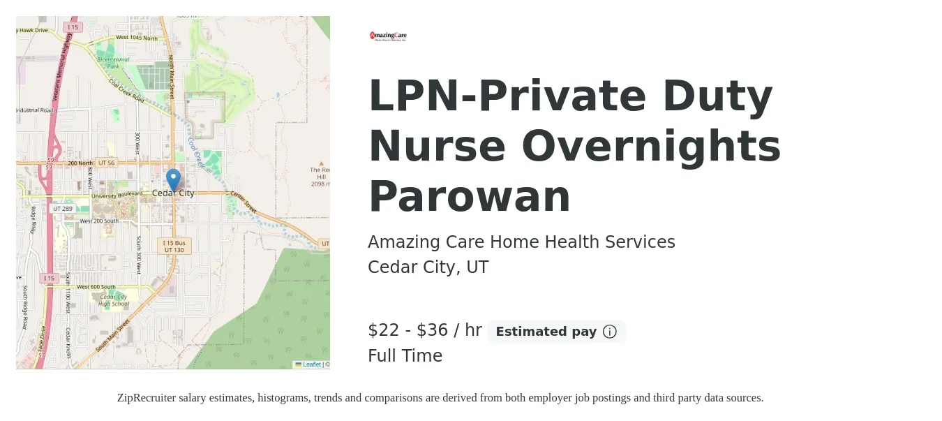 Amazing Care Home Health Services job posting for a LPN-Private Duty Nurse Overnights Parowan in Cedar City, UT with a salary of $23 to $38 Hourly with a map of Cedar City location.