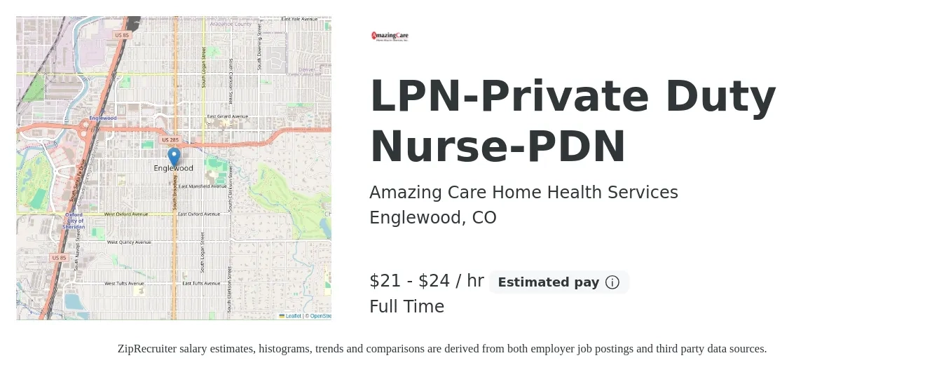 Amazing Care Home Health Services job posting for a LPN-Private Duty Nurse-PDN in Englewood, CO with a salary of $22 to $25 Hourly with a map of Englewood location.