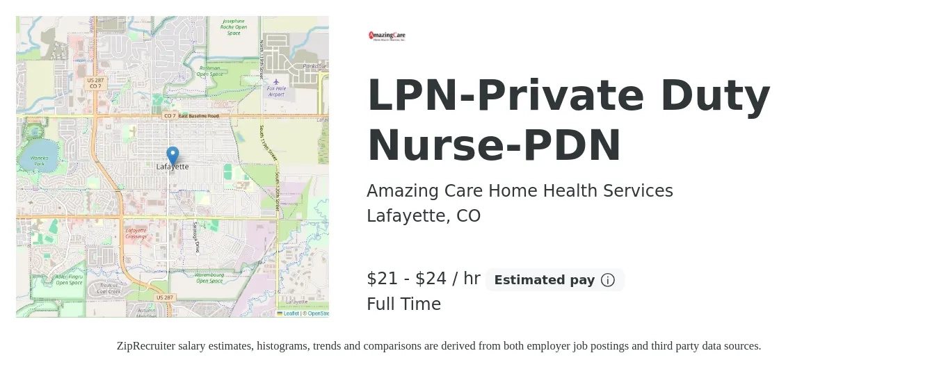 Amazing Care Home Health Services job posting for a LPN-Private Duty Nurse-PDN in Lafayette, CO with a salary of $22 to $25 Hourly with a map of Lafayette location.
