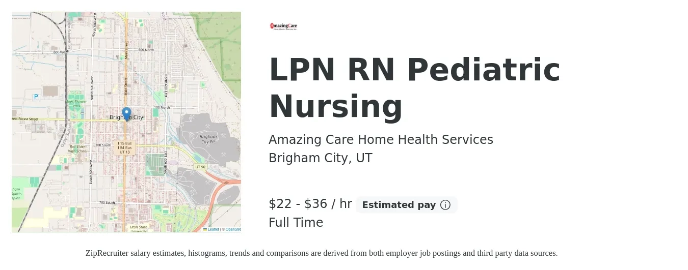 Amazing Care Home Health Services job posting for a LPN RN Pediatric Nursing in Brigham City, UT with a salary of $23 to $34 Hourly with a map of Brigham City location.