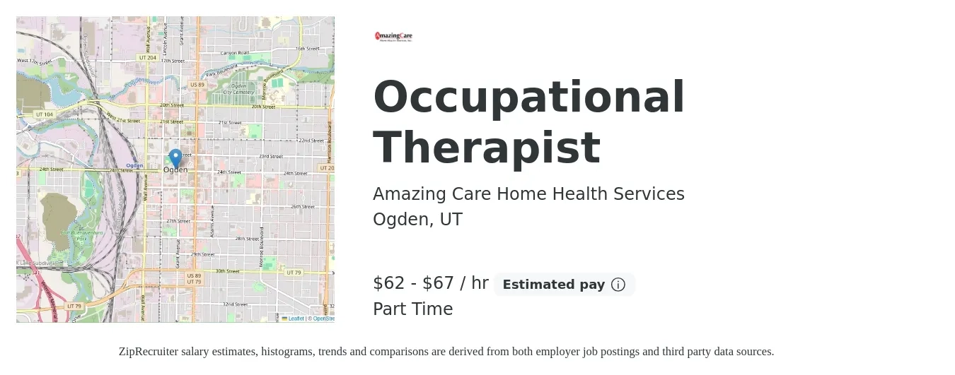 Amazing Care Home Health Services job posting for a Occupational Therapist in Ogden, UT with a salary of $65 to $70 Hourly with a map of Ogden location.