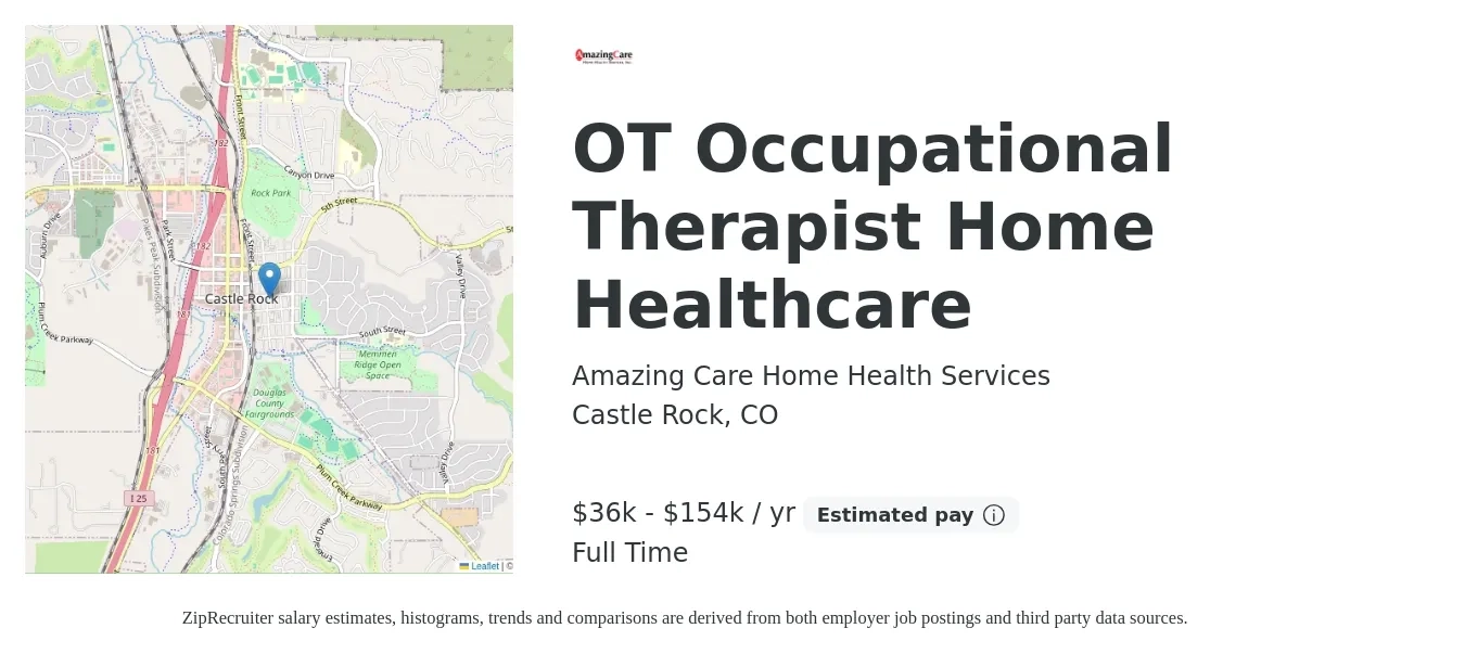 Amazing Care Home Health Services job posting for a OT Occupational Therapist Home Healthcare in Castle Rock, CO with a salary of $37,000 to $154,000 Yearly with a map of Castle Rock location.