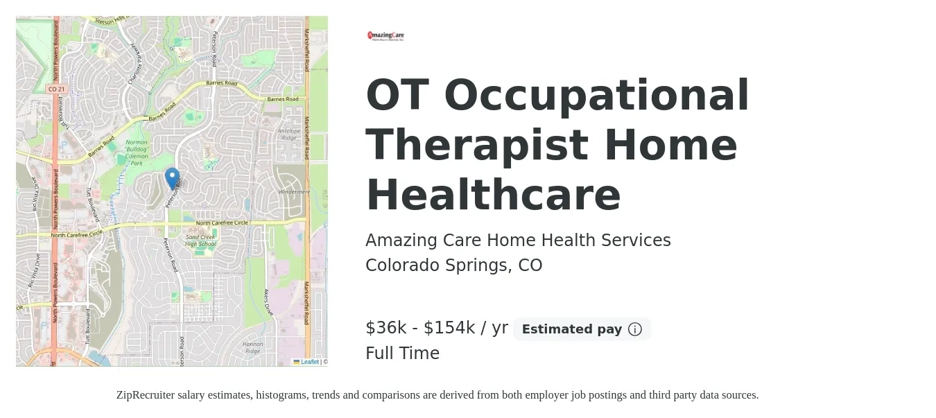 Amazing Care Home Health Services job posting for a OT Occupational Therapist Home Healthcare in Colorado Springs, CO with a salary of $37,000 to $154,000 Yearly with a map of Colorado Springs location.