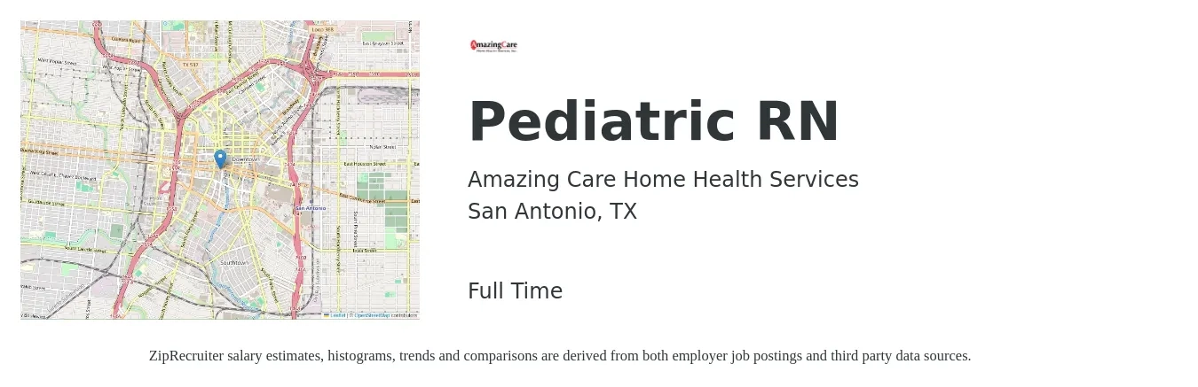 Amazing Care Home Health Services job posting for a Pediatric RN in San Antonio, TX with a salary of $1,270 to $2,340 Weekly with a map of San Antonio location.