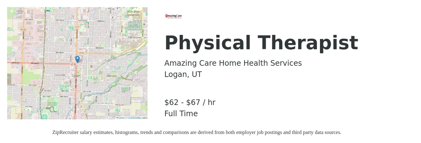 Amazing Care Home Health Services job posting for a Physical Therapist in Logan, UT with a salary of $65 to $70 Hourly with a map of Logan location.