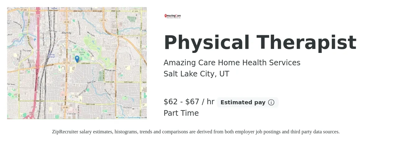 Amazing Care Home Health Services job posting for a Physical Therapist in Salt Lake City, UT with a salary of $70 to $80 Hourly with a map of Salt Lake City location.