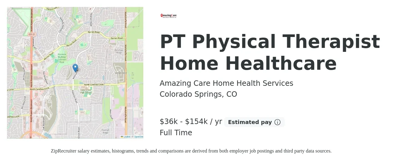 Amazing Care Home Health Services job posting for a PT Physical Therapist Home Healthcare in Colorado Springs, CO with a salary of $37,000 to $154,000 Yearly with a map of Colorado Springs location.
