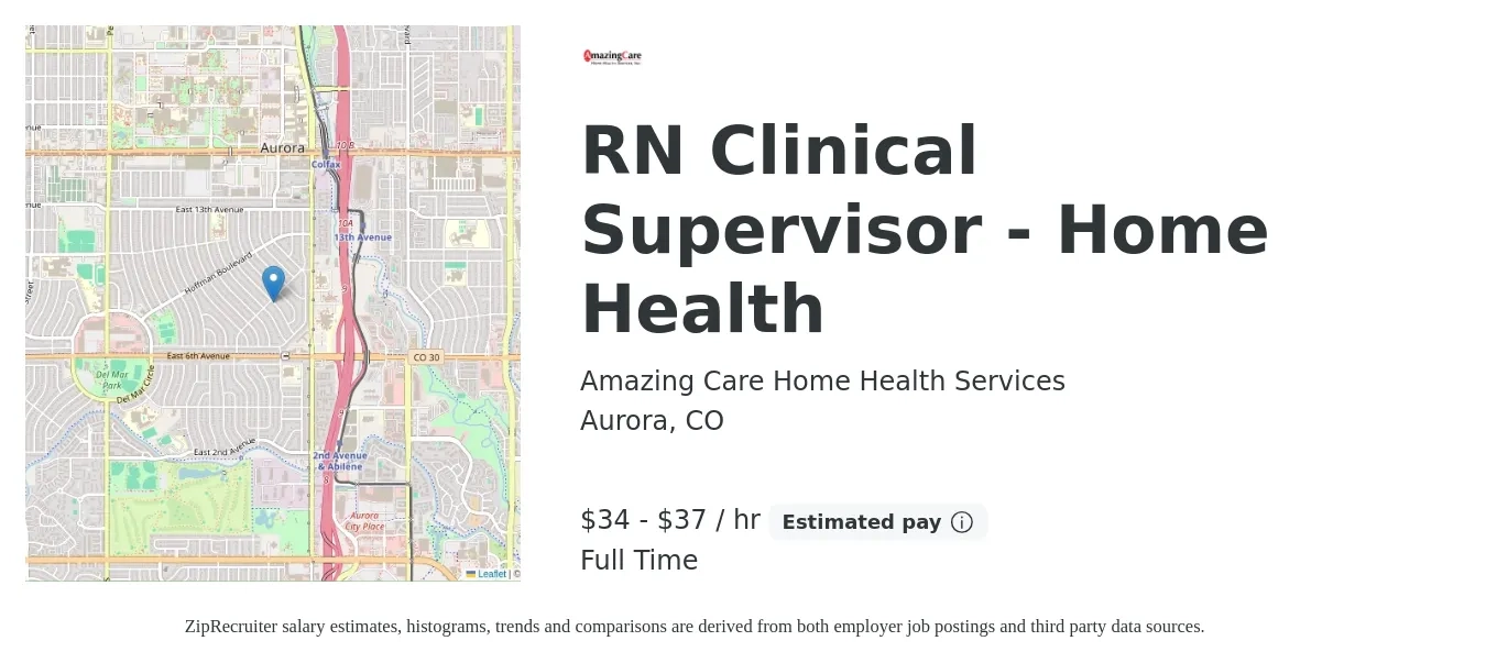 Amazing Care Home Health Services job posting for a RN Clinical Supervisor - Home Health in Aurora, CO with a salary of $75,000 to $82,000 Yearly with a map of Aurora location.