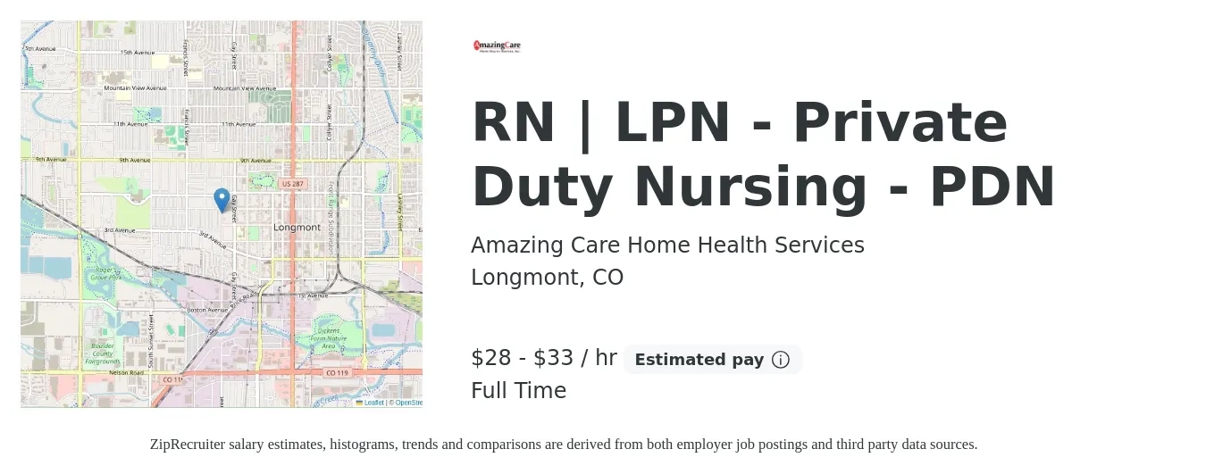 Amazing Care Home Health Services job posting for a RN | LPN - Private Duty Nursing - PDN in Longmont, CO with a salary of $30 to $35 Hourly with a map of Longmont location.