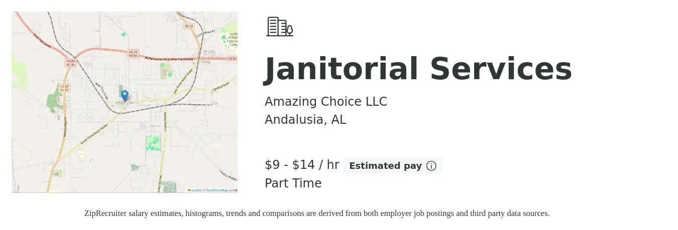Amazing Choice LLC job posting for a Janitorial Services in Andalusia, AL with a salary of $10 to $15 Hourly with a map of Andalusia location.