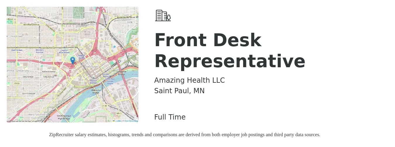 Amazing Health LLC job posting for a Front Desk Representative in Saint Paul, MN with a salary of $15 to $18 Hourly with a map of Saint Paul location.