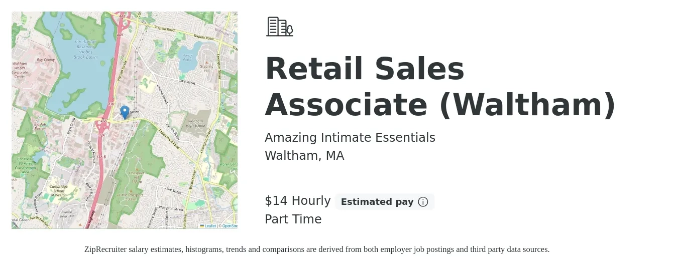 Amazing Intimate Essentials job posting for a Retail Sales Associate (Waltham) in Waltham, MA with a salary of $15 Hourly with a map of Waltham location.