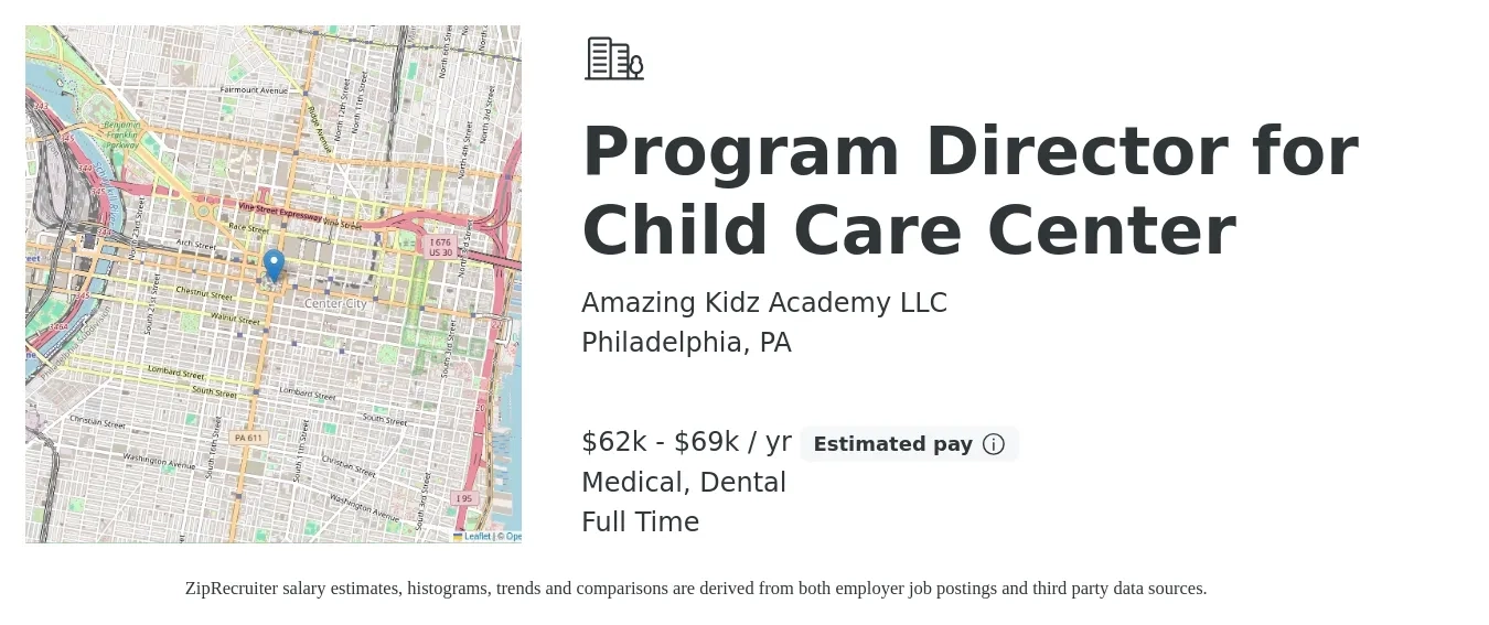 Amazing Kidz Academy LLC job posting for a Program Director for Child Care Center in Philadelphia, PA with a salary of $62,000 to $69,000 Yearly and benefits including pto, retirement, dental, and medical with a map of Philadelphia location.