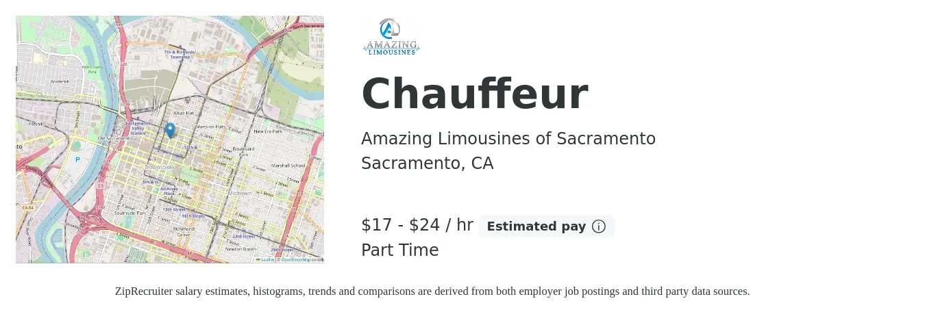Amazing Limousines of Sacramento job posting for a Chauffeur in Sacramento, CA with a salary of $18 to $25 Hourly with a map of Sacramento location.