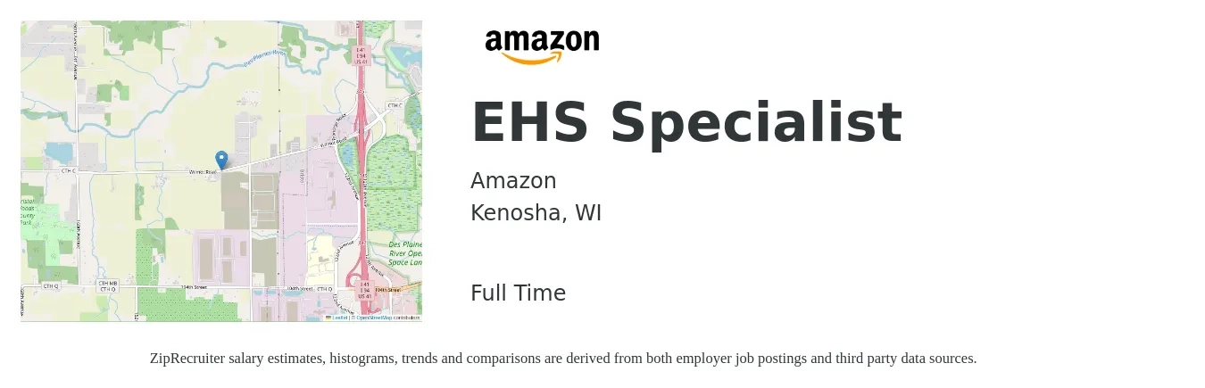 Amazon job posting for a EHS Specialist in Kenosha, WI with a salary of $61,500 to $87,800 Yearly with a map of Kenosha location.
