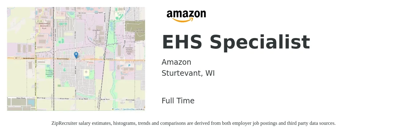 Amazon job posting for a EHS Specialist in Sturtevant, WI with a salary of $61,000 to $87,100 Yearly with a map of Sturtevant location.