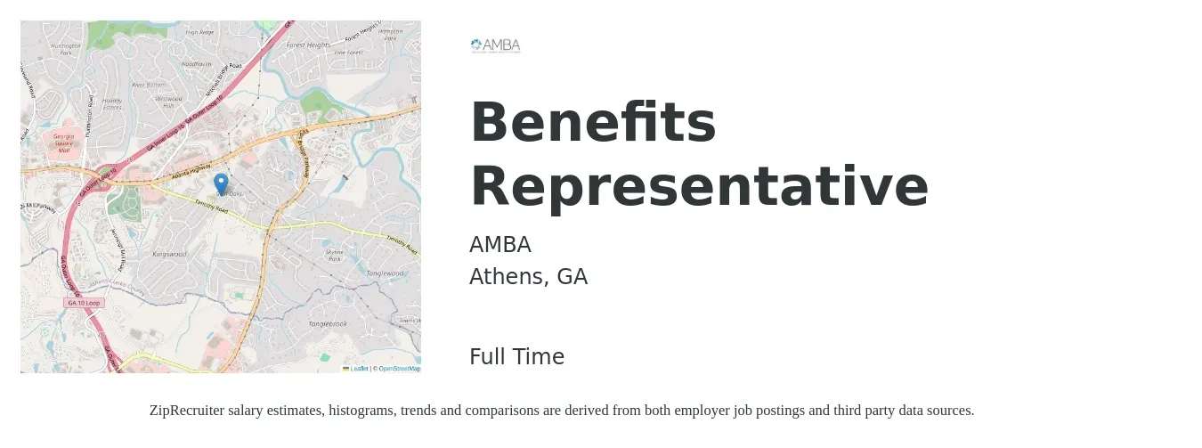 AMBA job posting for a Benefits Representative in Athens, GA with a salary of $70,000 Yearly with a map of Athens location.