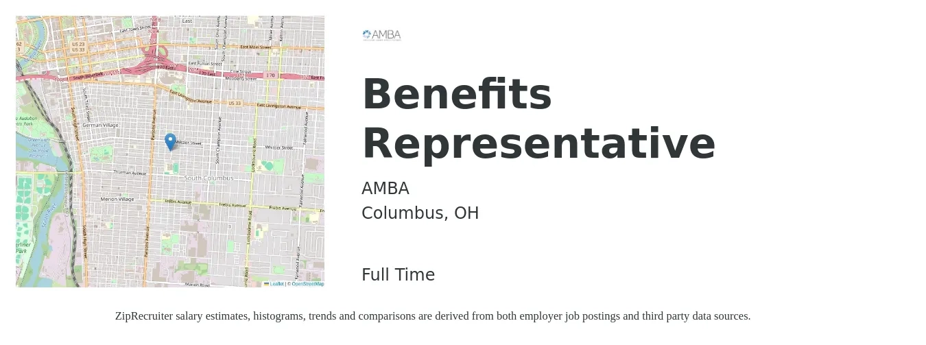 AMBA job posting for a Benefits Representative in Columbus, OH with a salary of $70,000 Yearly with a map of Columbus location.