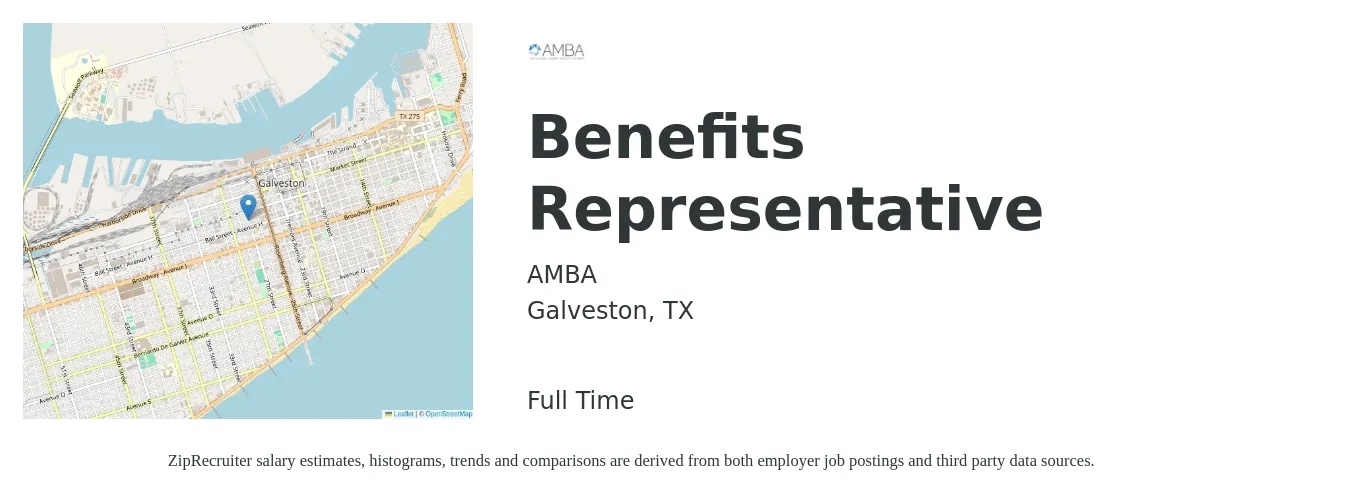 AMBA job posting for a Benefits Representative in Galveston, TX with a salary of $70,000 Yearly with a map of Galveston location.