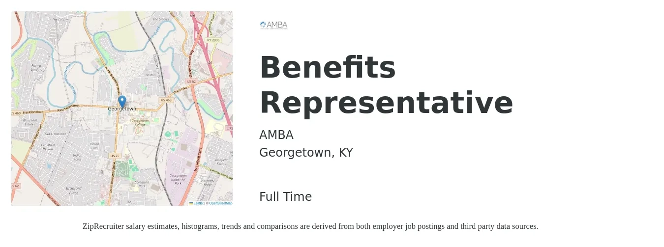 AMBA job posting for a Benefits Representative in Georgetown, KY with a salary of $70,000 Yearly with a map of Georgetown location.
