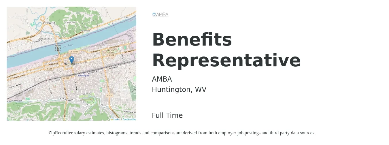 AMBA job posting for a Benefits Representative in Huntington, WV with a salary of $70,000 Yearly with a map of Huntington location.
