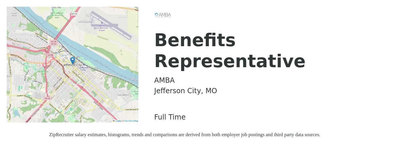 AMBA job posting for a Benefits Representative in Jefferson City, MO with a salary of $70,000 Yearly with a map of Jefferson City location.