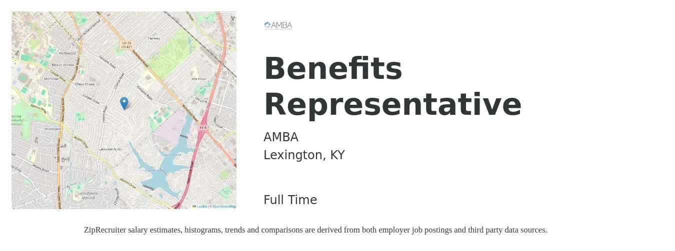 AMBA job posting for a Benefits Representative in Lexington, KY with a salary of $70,000 Yearly with a map of Lexington location.