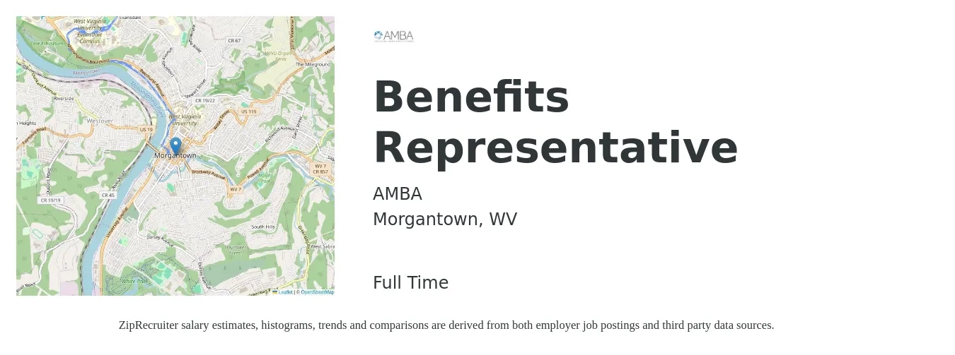 AMBA job posting for a Benefits Representative in Morgantown, WV with a salary of $70,000 Yearly with a map of Morgantown location.
