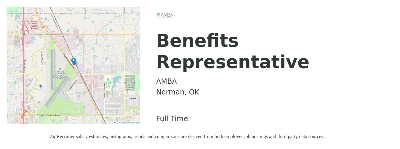 AMBA job posting for a Benefits Representative in Norman, OK with a salary of $70,000 Yearly with a map of Norman location.