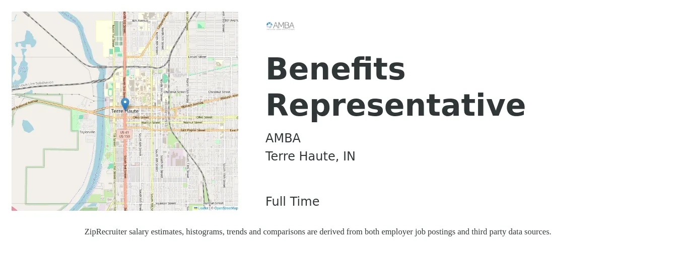 AMBA job posting for a Benefits Representative in Terre Haute, IN with a salary of $70,000 Yearly with a map of Terre Haute location.