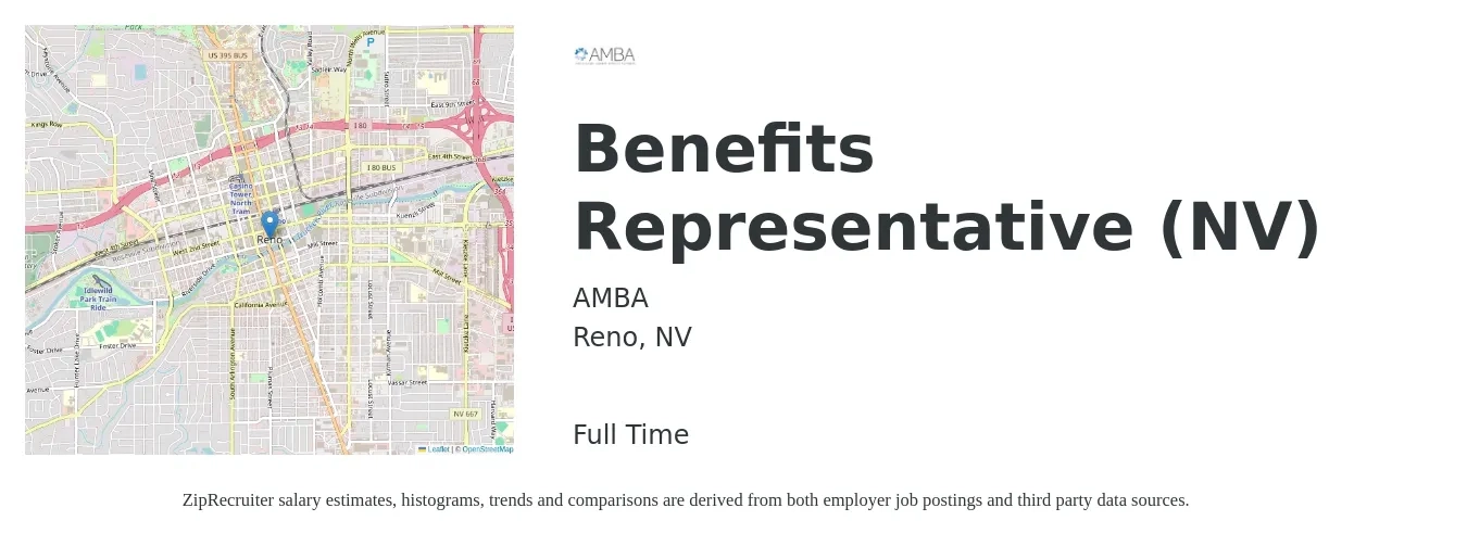 AMBA job posting for a Benefits Representative (NV) in Reno, NV with a salary of $70,000 Yearly with a map of Reno location.