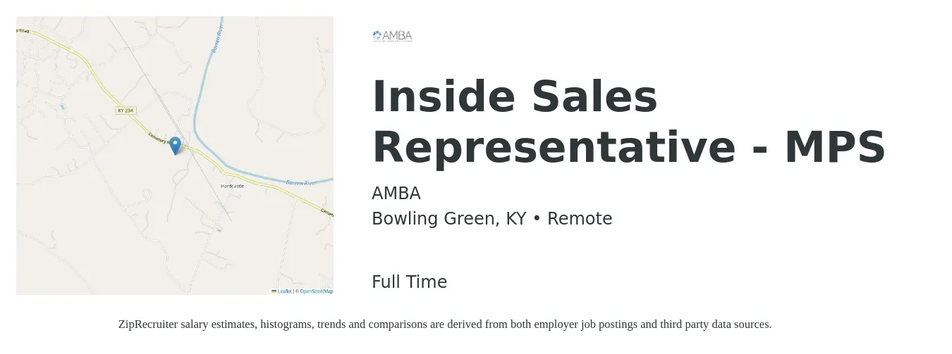 AMBA job posting for a Inside Sales Representative - MPS in Bowling Green, KY with a salary of $100,000 Yearly with a map of Bowling Green location.