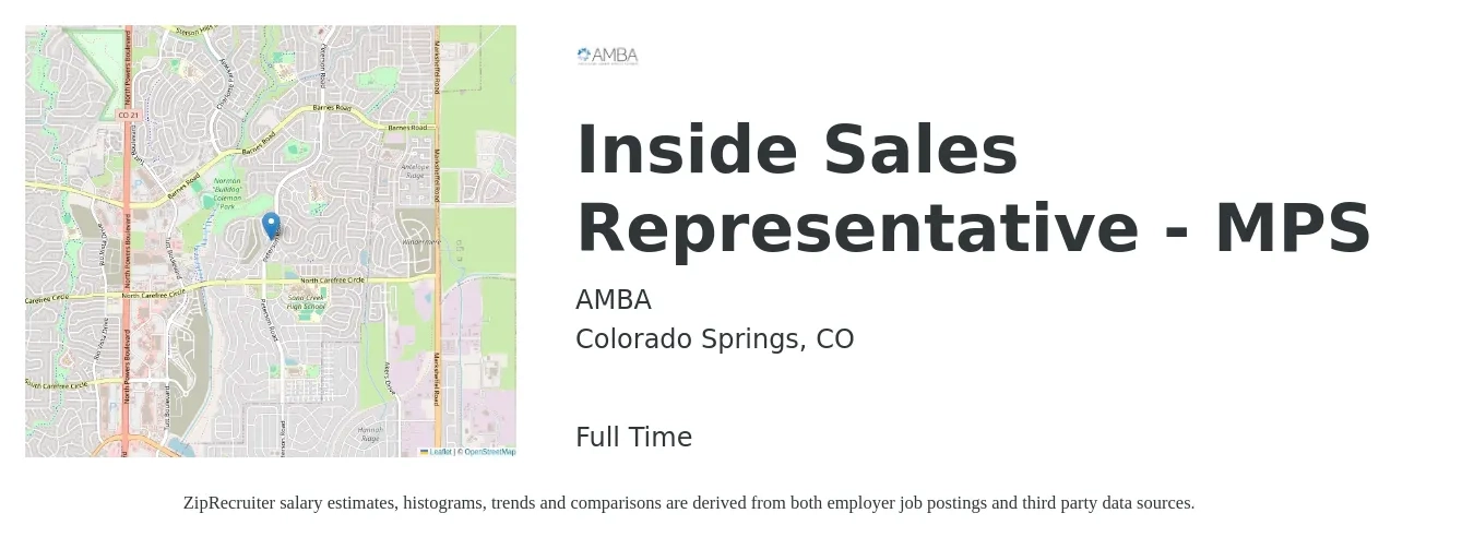 AMBA job posting for a Inside Sales Representative - MPS in Colorado Springs, CO with a salary of $100,000 Yearly with a map of Colorado Springs location.