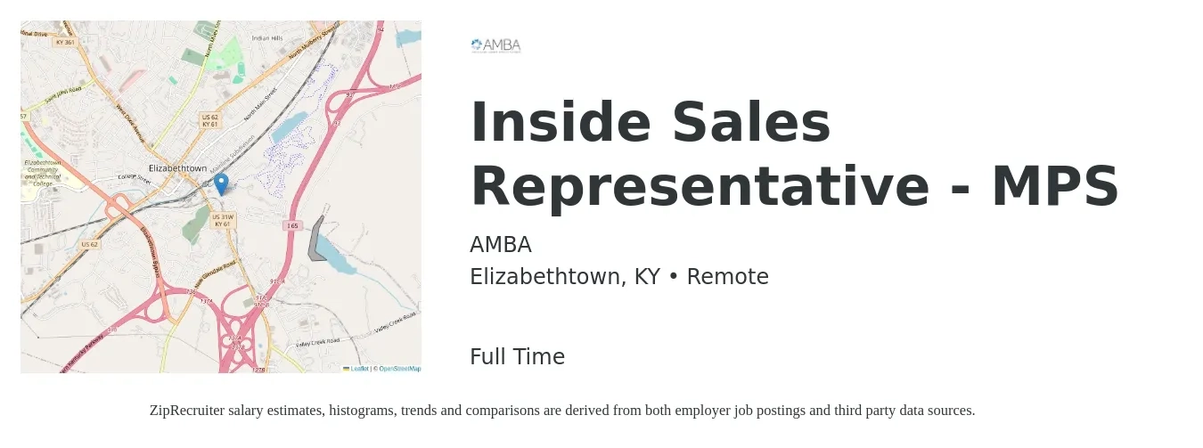 AMBA job posting for a Inside Sales Representative - MPS in Elizabethtown, KY with a salary of $100,000 Yearly with a map of Elizabethtown location.