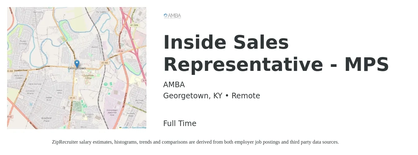 AMBA job posting for a Inside Sales Representative - MPS in Georgetown, KY with a salary of $100,000 Yearly with a map of Georgetown location.