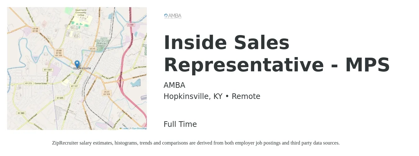 AMBA job posting for a Inside Sales Representative - MPS in Hopkinsville, KY with a salary of $100,000 Yearly with a map of Hopkinsville location.