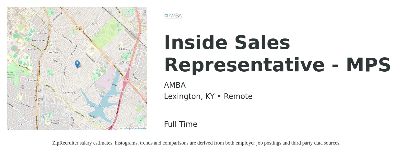 AMBA job posting for a Inside Sales Representative - MPS in Lexington, KY with a salary of $100,000 Yearly with a map of Lexington location.