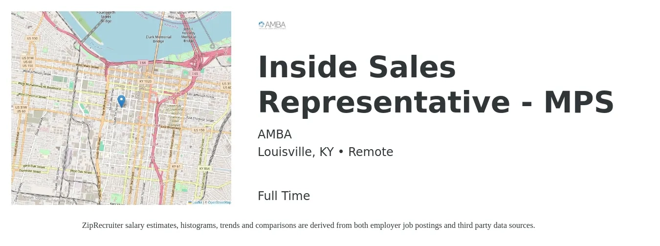 AMBA job posting for a Inside Sales Representative - MPS in Louisville, KY with a salary of $100,000 Yearly with a map of Louisville location.