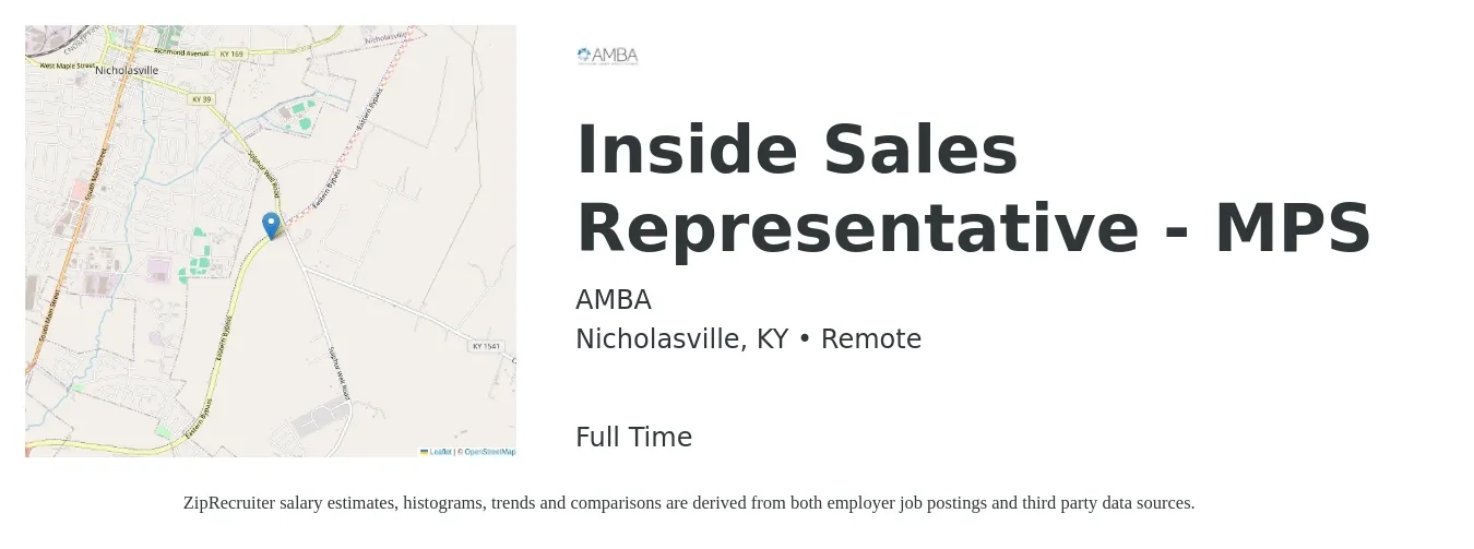 AMBA job posting for a Inside Sales Representative - MPS in Nicholasville, KY with a salary of $100,000 Yearly with a map of Nicholasville location.