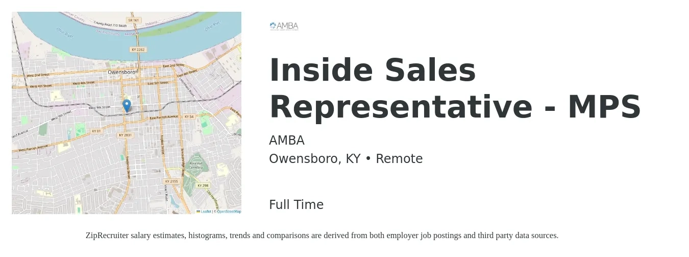 AMBA job posting for a Inside Sales Representative - MPS in Owensboro, KY with a salary of $100,000 Yearly with a map of Owensboro location.